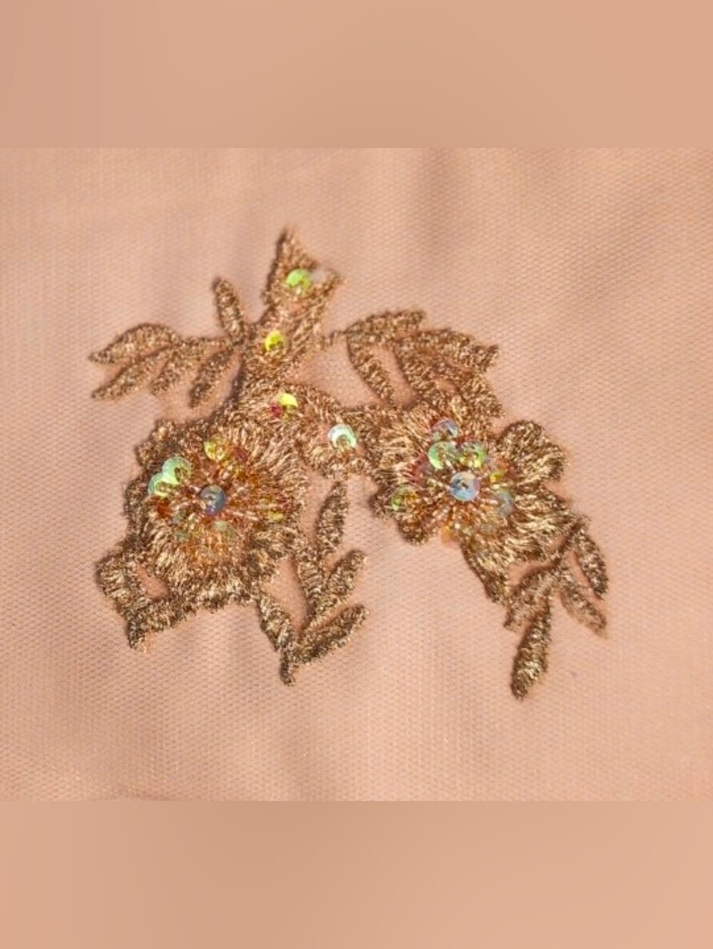 Sampler Embroidered Floral Sequined Appliqué Patch in Soft Gold